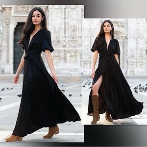 ▪️Joyfolie Lucerine Silky Maxi Wrap Dress in Luxe Black, S